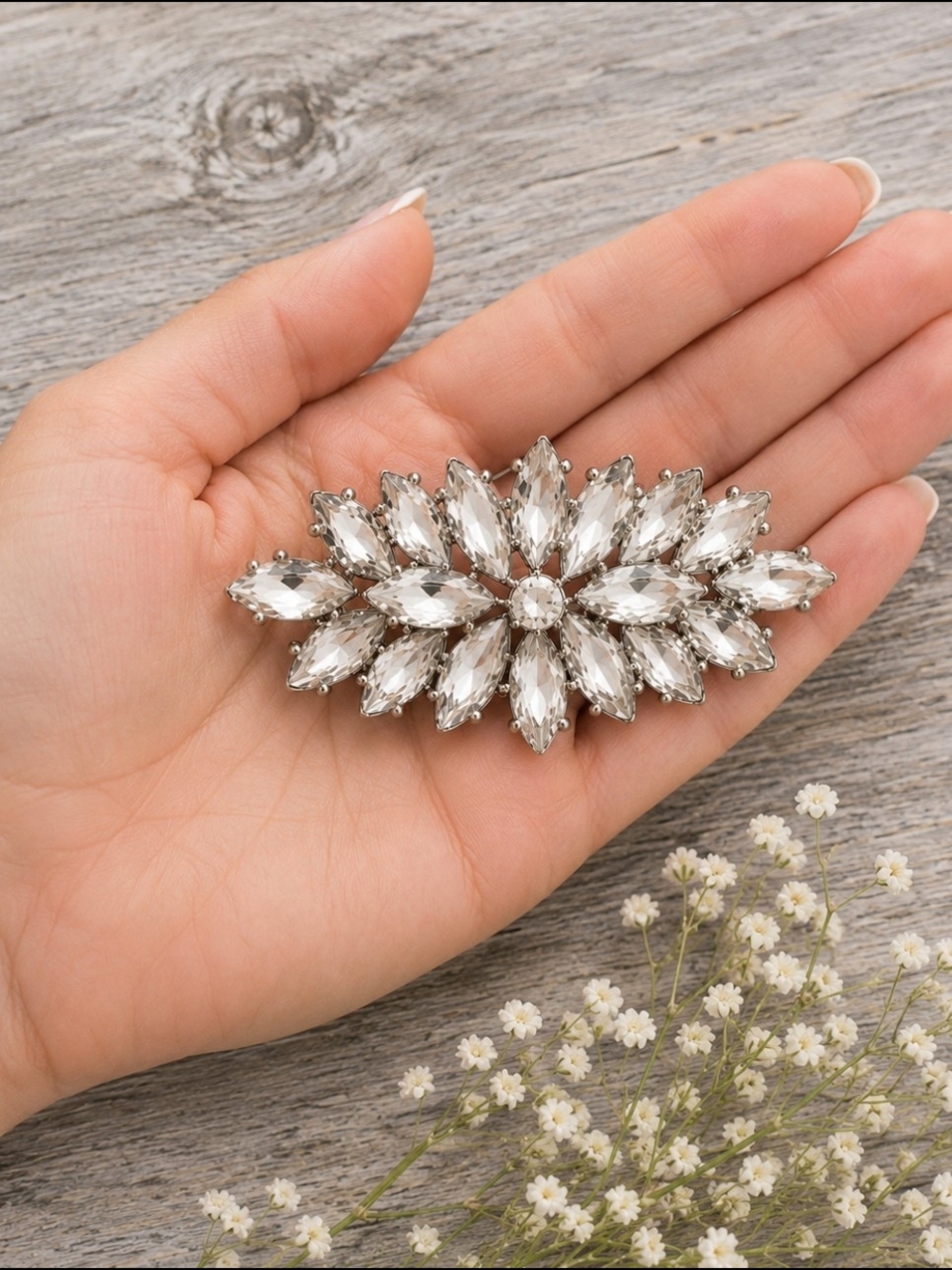 Crystal Marquise Floral Brooch - Clear/Silver